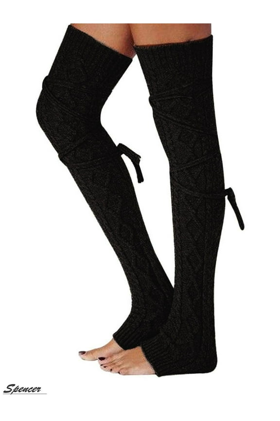 Women's Crochet Knitted Stocking Over Knee Thigh High Socks Leg Warmers Winter Boot Socks "Black"