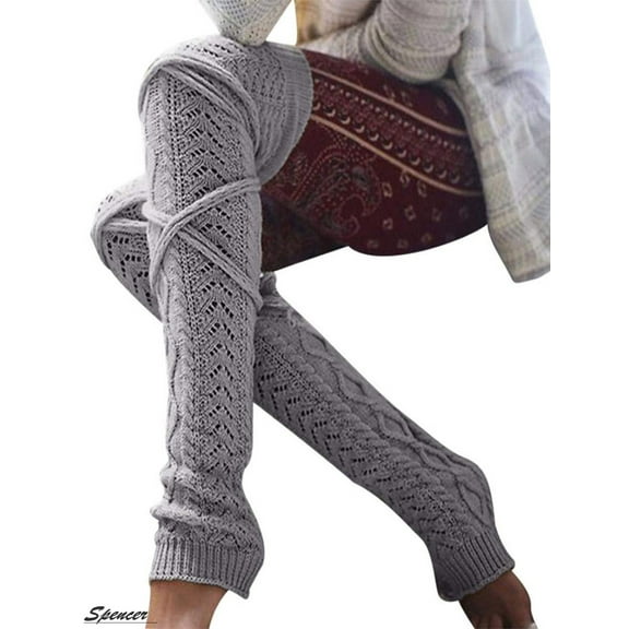 Spencer Women's Crochet Knitted Stocking Over Knee Thigh High Socks Leg Warmers Winter Boot Socks "Gray"