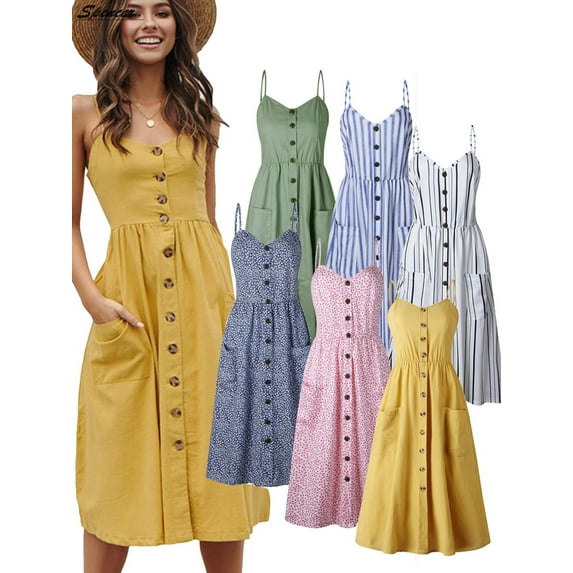 Spencer Women's Dress V Neck Floral Bohemian Spaghetti Straps Boho Tie Front Button Down Midi Dress with Pockets "Blue,2XL"