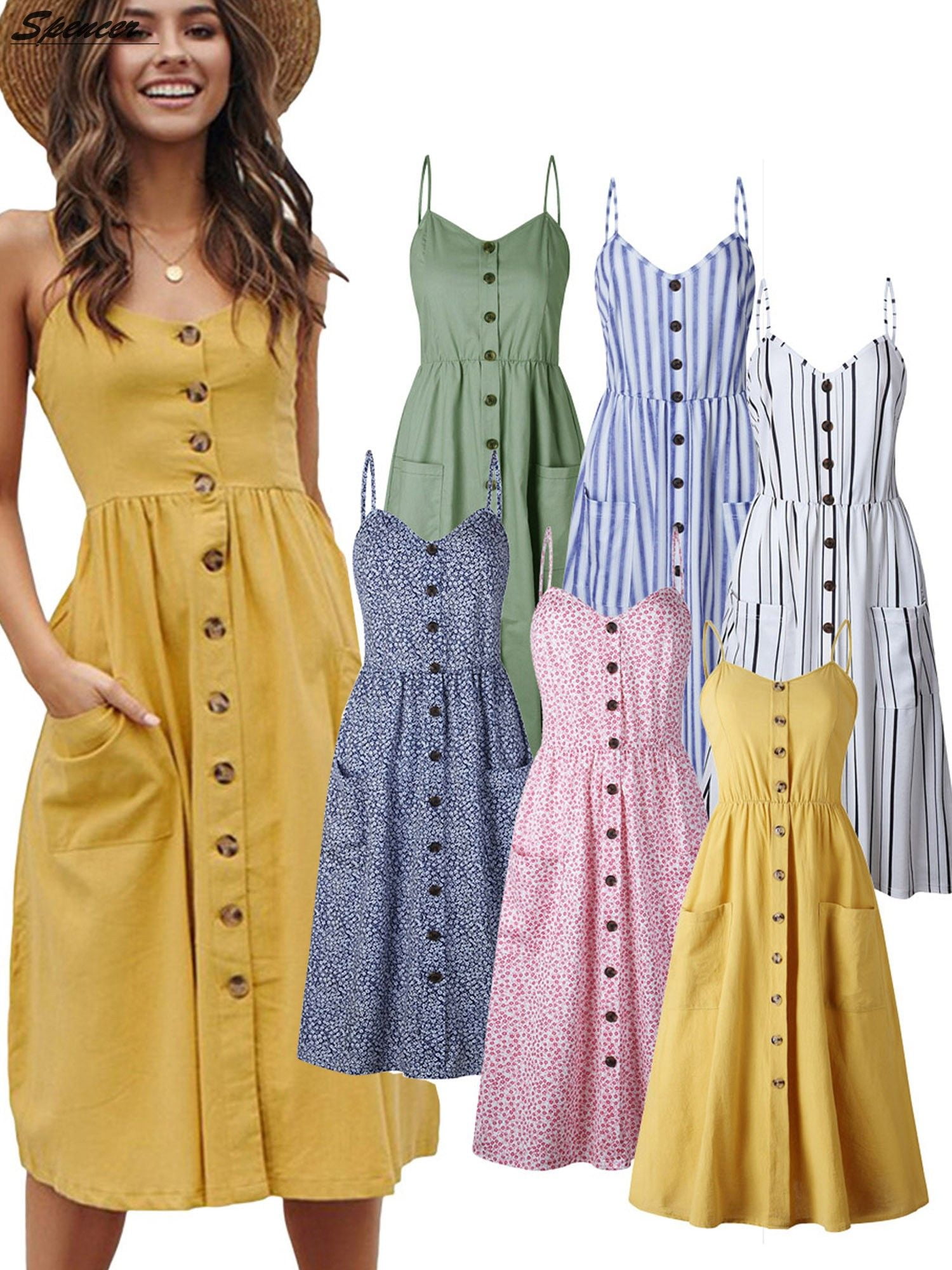 Button front spaghetti strap dress best sale