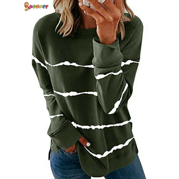 Spencer Women's Fall Long Sleeve Crew Neck Side Split Tunic Top Casual Color Block Loose Casual Pullover Tunic Tops (L, Green)
