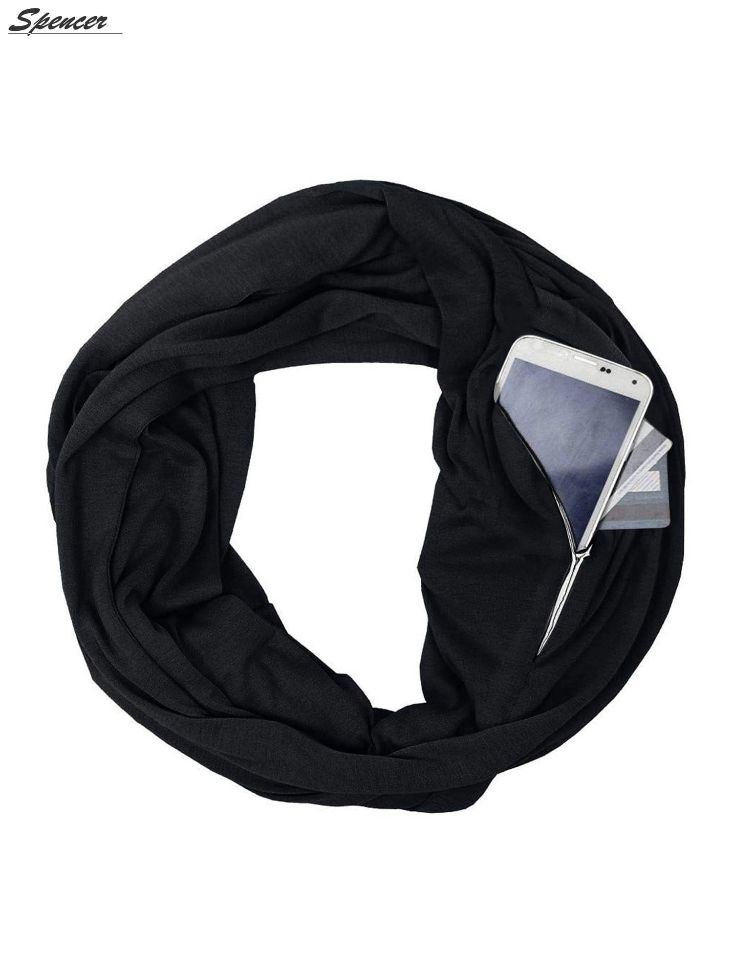 Women's Fashion Soft Winter Infinity Scarf with Zipper Pocket Solid Pattern Lightweight Wrap Neck Warmer "Black"