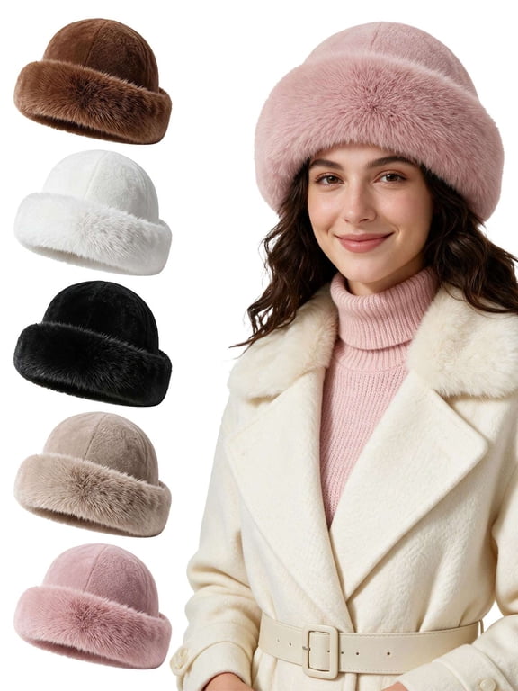 Women's Faux Fur Hats Fluffy Bucket Hat Russian Style Outdoor Winter Warm Cap for Girls, Pink