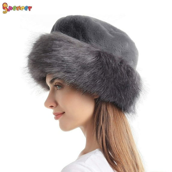 Spencer Women's Faux Fur Hats Solid Color Fluffy Bucket Hat Winter Ear Warmer Ski Cap (Gray)
