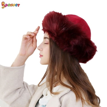Women's Winter Faux Fur Soft Fluffy Plush Bucket Hat Black
