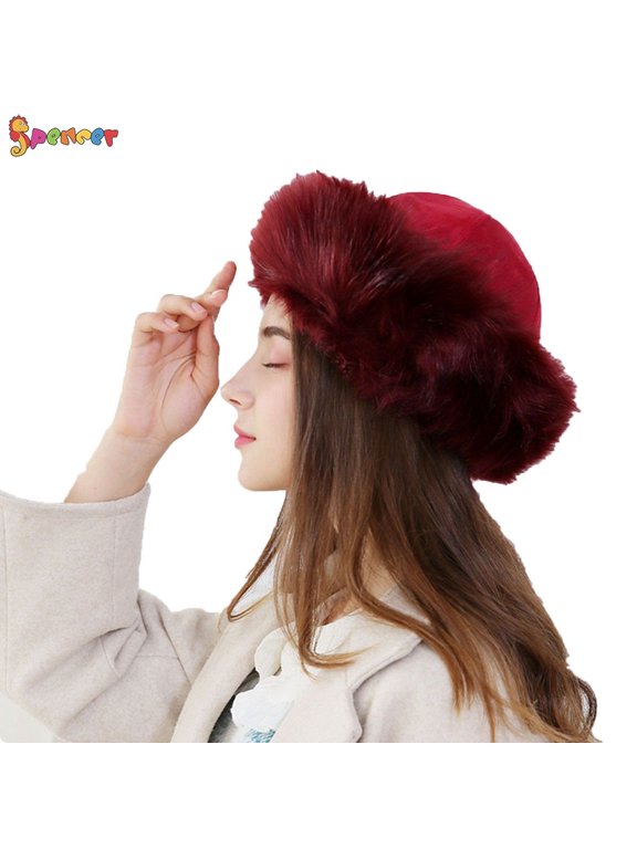 Women's Faux Fur Hats Solid Color Fluffy Bucket Hat Winter Ear Warmer Ski Cap (Red)