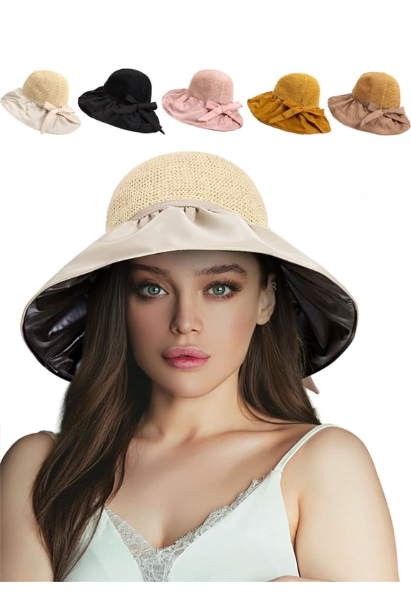 Women's Foldable Floppy Hat Wide Brim Bowknot UV Protection Sun Hat Summer Straw Beach Cap