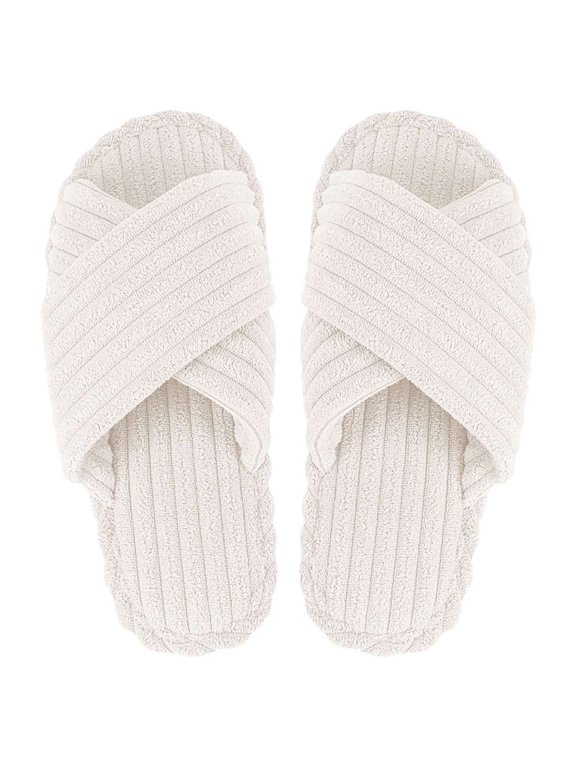 Women's Fuzzy Slippers Cross Band Memory Foam House Slippers Open Toe Slides Indoor / Outdoor Shoes, White