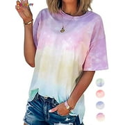 Spencer Womens Gradient Tie Dye T-Shirt Summer Short Sleeve Round Neck Blouse Casual Loose Tunic Tops 3XL,Pink