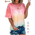 thumbnail image 1 of Spencer Women's Gradient Tie Dye T-Shirt Summer Short Sleeve Round Neck Blouse Casual Loose Tunic Tops (L,Red), 1 of 7