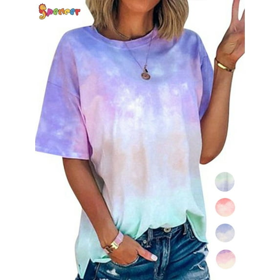 Spencer Women's Gradient Tie Dye T-Shirt Summer Short Sleeve Round Neck Blouse Casual Loose Tunic Tops (M,Blue)