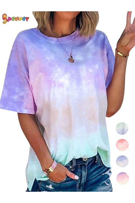 Women's Gradient Tie Dye T-Shirt Summer Short Sleeve Round Neck Blouse Casual Loose Tunic Tops (XL,Blue)