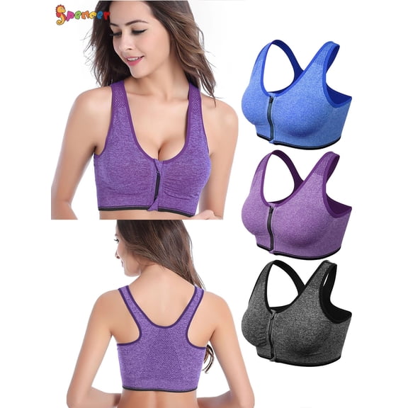 Spencer Women's High Impact Sport Seamless Bra Zipper Front Closure Wireless Removable Pads Mesh Racerback Workout Bras "L,Purple"