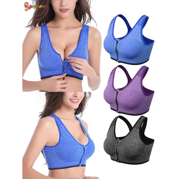 Spencer Women's High Impact Sport Seamless Bra Zipper Front Closure Wireless Removable Pads Mesh Racerback Workout Bras "M,Blue"