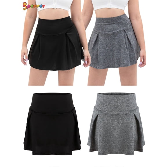 Spencer Women's High Waist Active Skort Athletic Stretchy Pleated Tennis Skirt with Built-in Shorts for Running Golf Workout (M, Black)