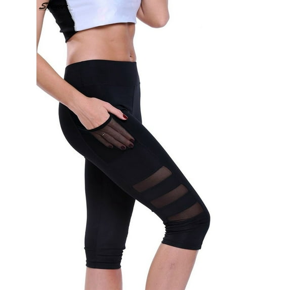 Spencer Women's High Waist Mesh Yoga Pants Stretch Capri Legging with Side Pockets Activewear Tummy Control Workout Pants "Size S"
