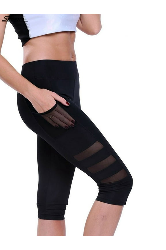 Women's High Waist Mesh Yoga Pants Stretch Capri Legging with Side Pockets Activewear Tummy Control Workout Pants "Size S"