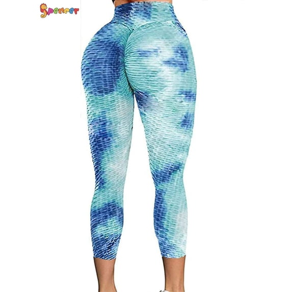 Spencer Women's High Waist Yoga Pants Tie Dye Textured Capris Tummy Control Slimming Booty Leggings Workout Butt Lift Tights (S, Blue)
