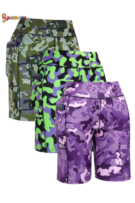 Women's High Waist Yoga Pants Tummy Control Workout Running Biker Shorts with Side Pockets (M, Green)