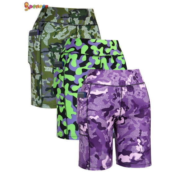 Spencer Women's High Waist Yoga Pants Tummy Control Workout Running Biker Shorts with Side Pockets (XXL, Camouflage)