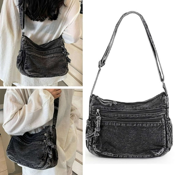 Spencer Women's Large Denim Purses Crossbody Shoulder Bag Casual Messenger Bag Handbags Multi Pocket Travel Tote Bag, Black