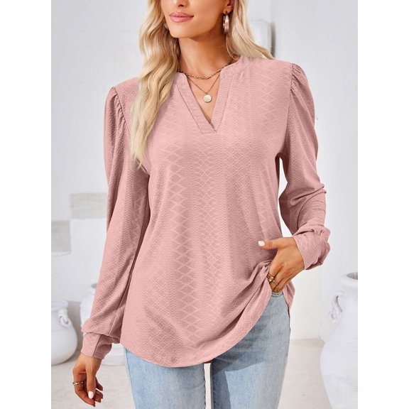 Spencer Women's Long Sleeve V Neck T Shirt Casual Pullover Shirts Puff Sleeve Tunic Fall Tops Loose Blouse (2XL, Pink)