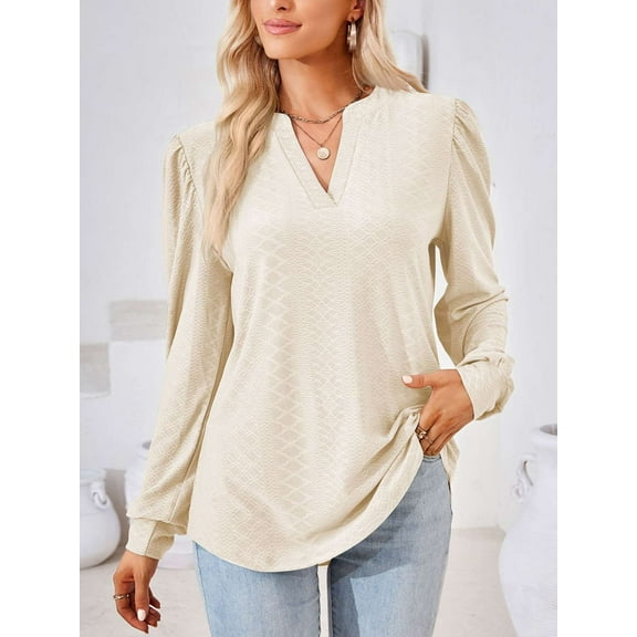 Spencer Women's Long Sleeve V Neck T Shirt Casual Pullover Shirts Puff Sleeve Tunic Fall Tops Loose Blouse (S, Apricot)