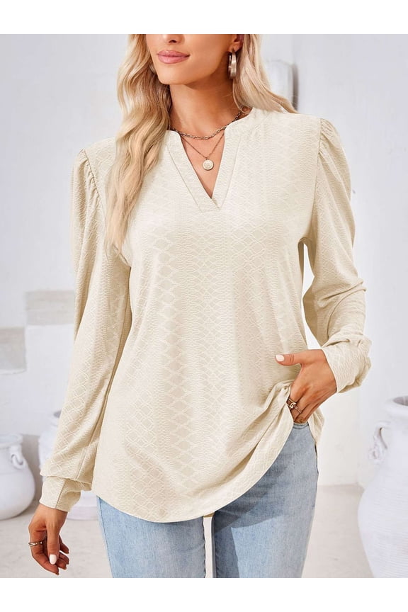 Women's Long Sleeve V Neck T Shirt Casual Pullover Shirts Puff Sleeve Tunic Fall Tops Loose Blouse (S, Apricot)