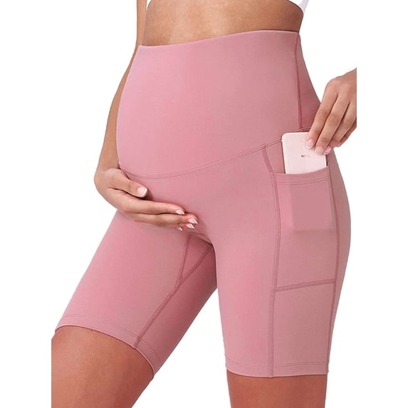 Spencer Women's Maternity Bike Shorts Yoga Leggings Over The Belly Bump Pregnancy Workout Running Active Athletic Shorts with Pockets (S, Pink)