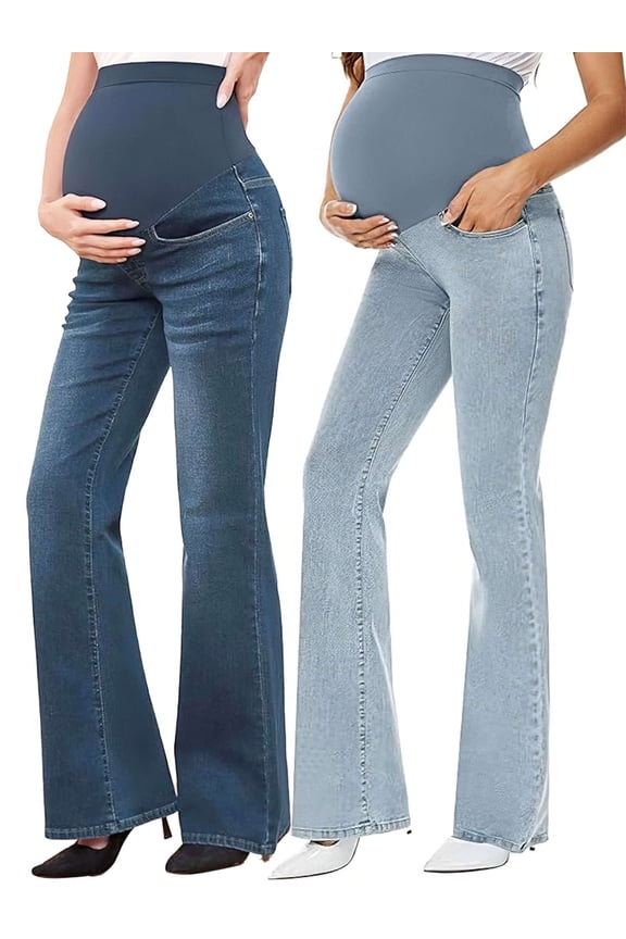 Women's Maternity Jeans Flare Leg Jeans Over Belly Pregnancy Denim Work Pants Maternity Clothes with Pockets, Sizes S-XXL