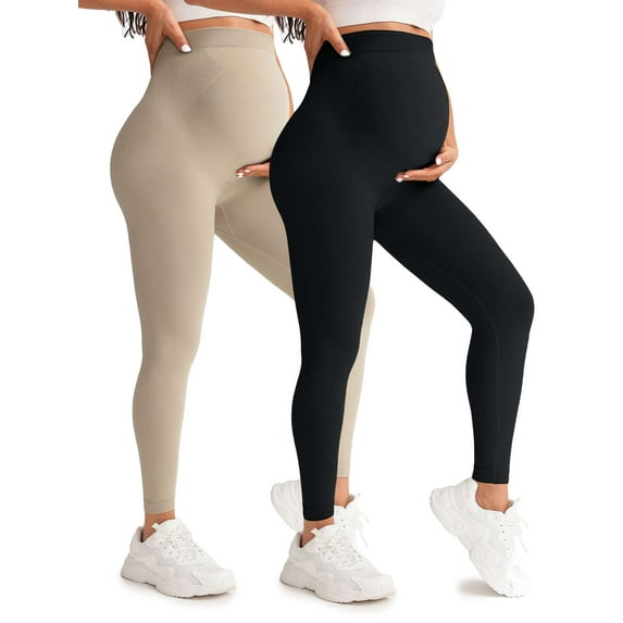 Spencer Women's Maternity Leggings Casual Pregnancy Pants Clothes over the Belly Pregnancy Active Wear Workout Yoga Tights Pants, Apricot