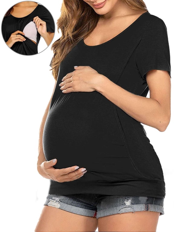 Women's Maternity Nursing Top Short Sleeve Maternity Shirt Breastfeeding Tee Shirt Double Layer Pregnancy Shirt Blouse Pregnancy Clothes (Black,XL)