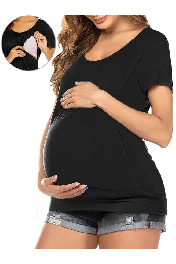 Women's Maternity Nursing Top Short Sleeve Maternity Shirt Breastfeeding Tee Shirt Double Layer Pregnancy Shirt Blouse Pregnancy Clothes (Black,L)