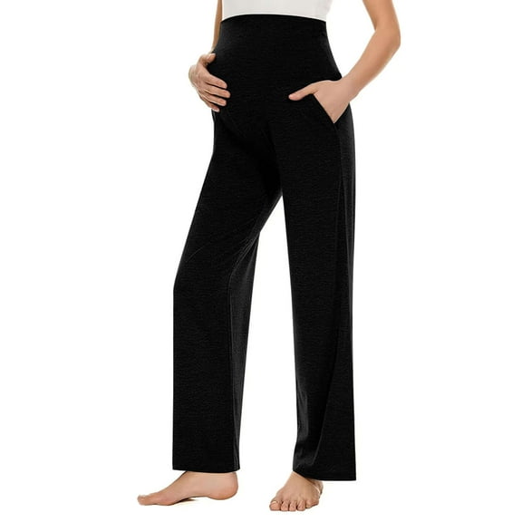Spencer Women's Maternity Pants Casual Loose Wide Leg Cozy Pant Over The Belly Pregnancy Lounge Trousers with Pockets, Size S-XXL