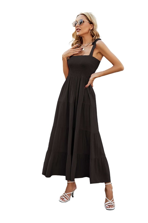 Women's Maxi Dress Summer Boho Spaghetti Strap Square Neck Ruffle Casual Flowy Long Dress Tie Shoulder Dress "Black,M"