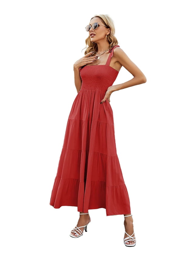 Women's Maxi Dress Summer Boho Spaghetti Strap Square Neck Ruffle Casual Flowy Long Dress Tie Shoulder Dress "Red,S"