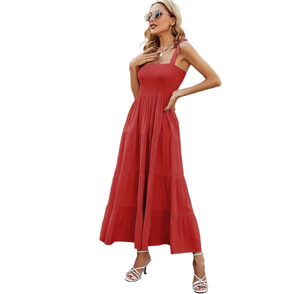 Spencer Women's Maxi Dress Summer Boho Spaghetti Strap Square Neck Ruffle Casual Flowy Long Dress Tie Shoulder Dress "Red,XXL"
