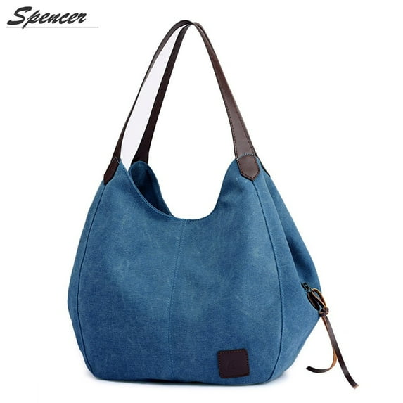 Spencer Women's Multi-pocket Shoulder Bag Fashion Cotton Canvas Handbag Tote Purse Satchel Travel Bag "Dark Blue"