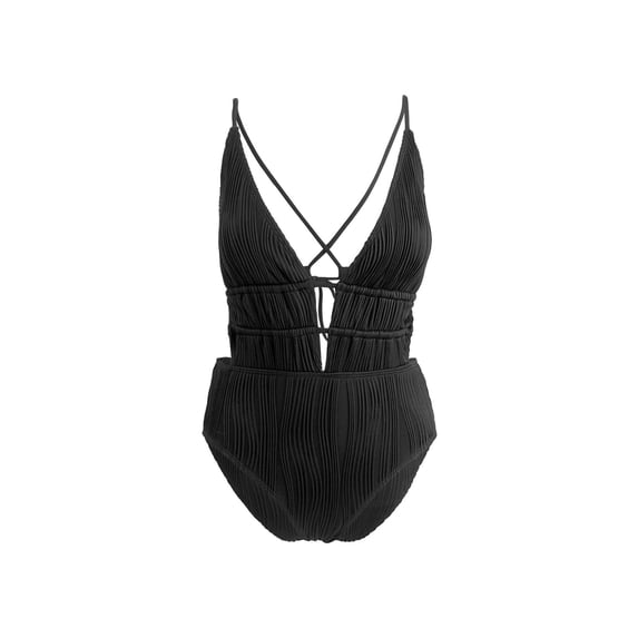 Spencer Women's One Piece Swimsuits Tummy Control Cutout Deep V High Waisted Bathing Suit Back Tie Swimwear, Black