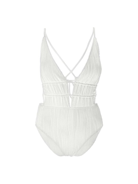 Women's One Piece Swimsuits Tummy Control Cutout Deep V High Waisted Bathing Suit Back Tie Swimwear, White
