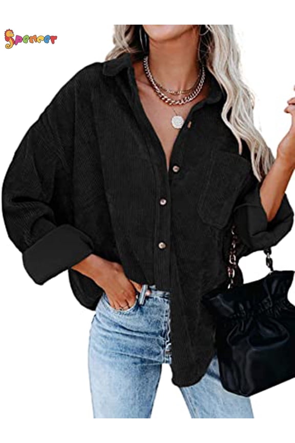 Women's Oversized Corduroy Shirt Casual Long Sleeve Button Down Boyfriend Blouses Tops (S, Black)