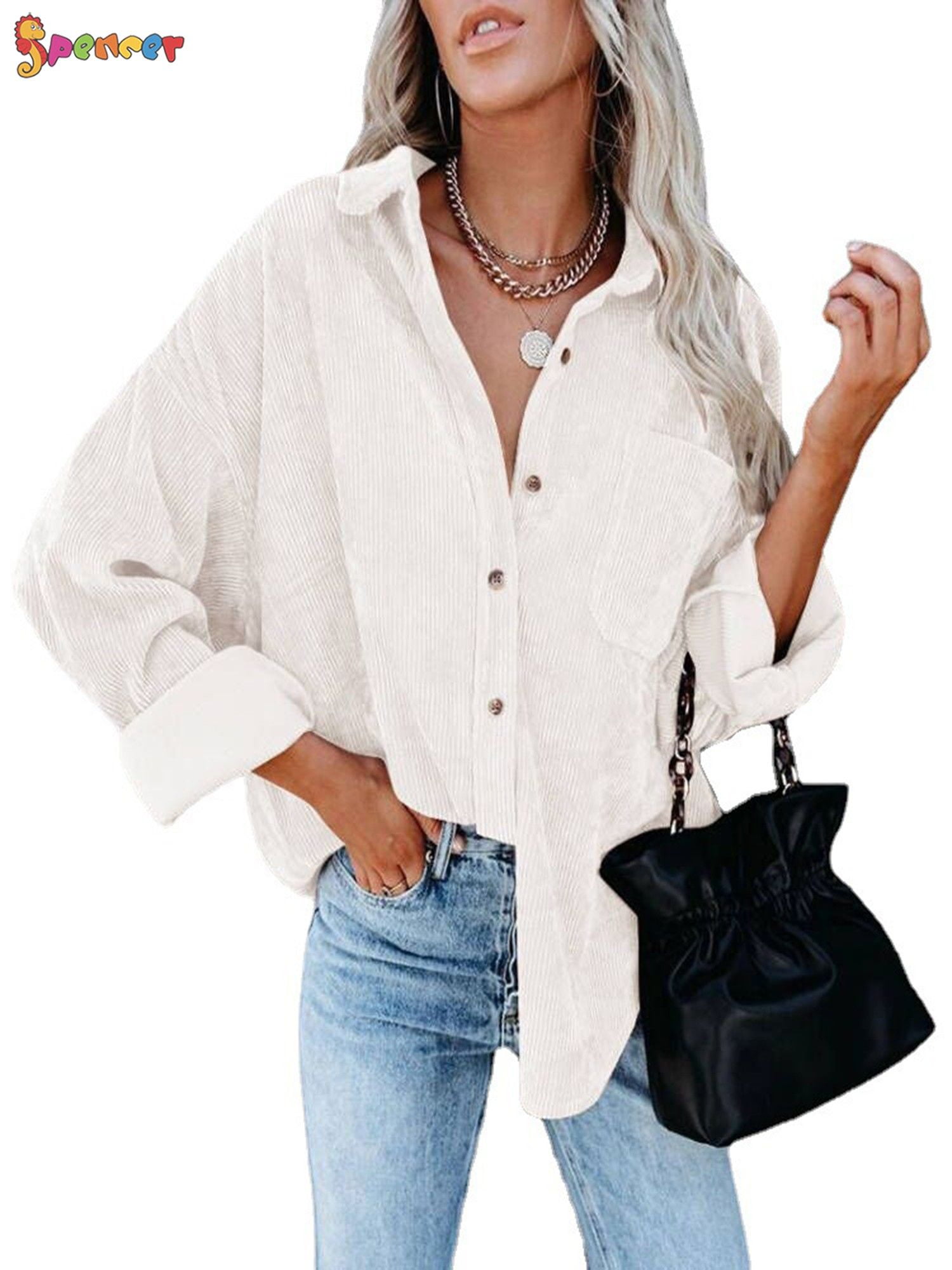 women's long sleeve corduroy ruffled shirt top button down shirt