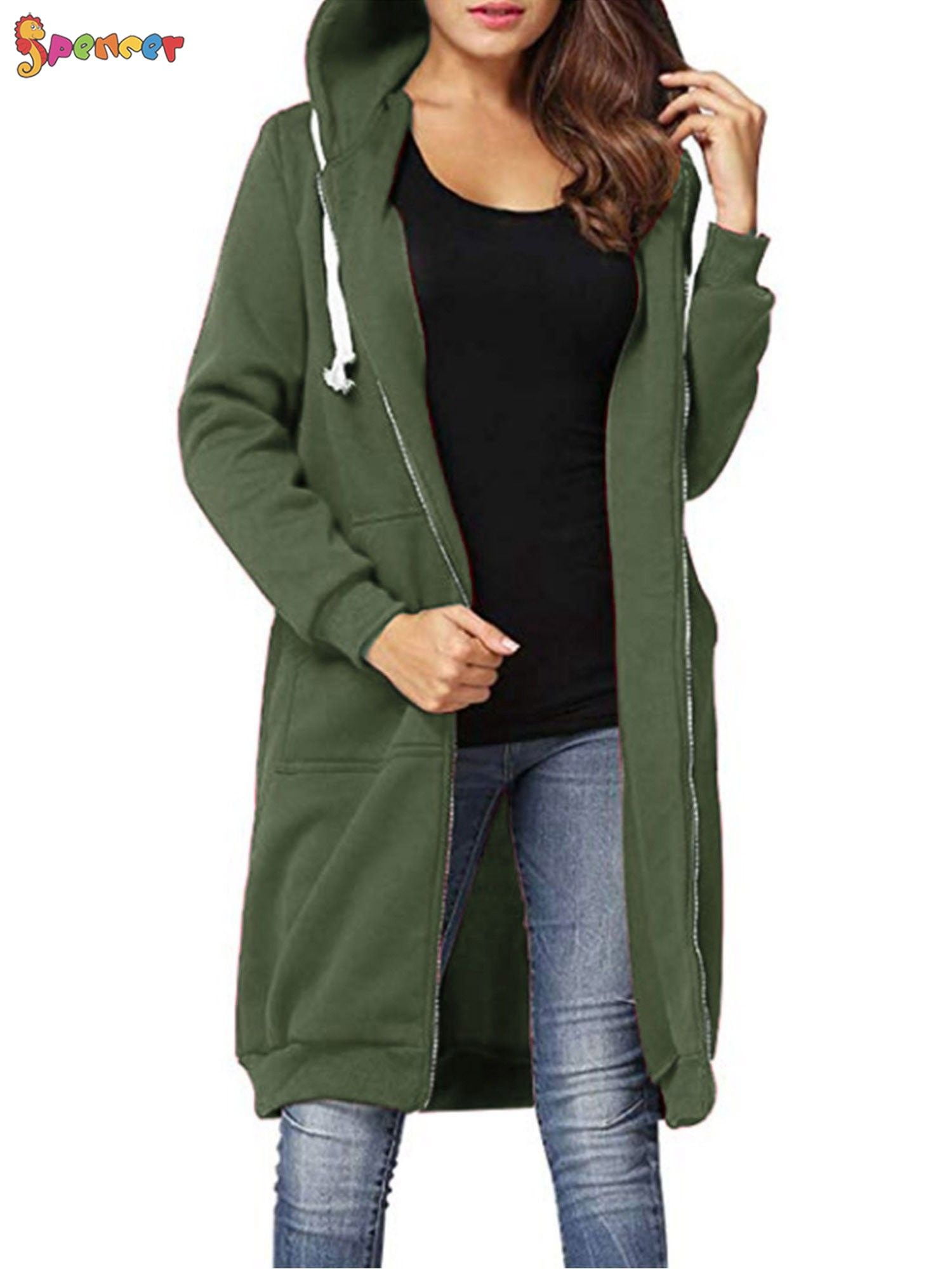 Spencer Women's Plus Size Long Fleece Hooded Coat Winter Warm Casual Pockets Jacket Zip Up Hoodies Sweatshirt Parka Overcoat "4XL, Green"