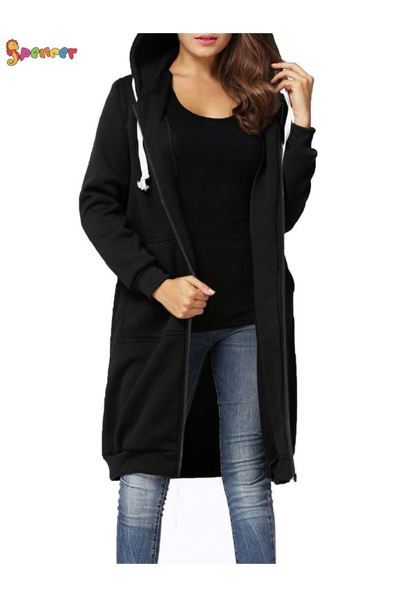Women's Plus Size Long Fleece Hooded Coat Winter Warm Casual Pockets Jacket Zip Up Hoodies Sweatshirt Parka Overcoat "XL, Black"