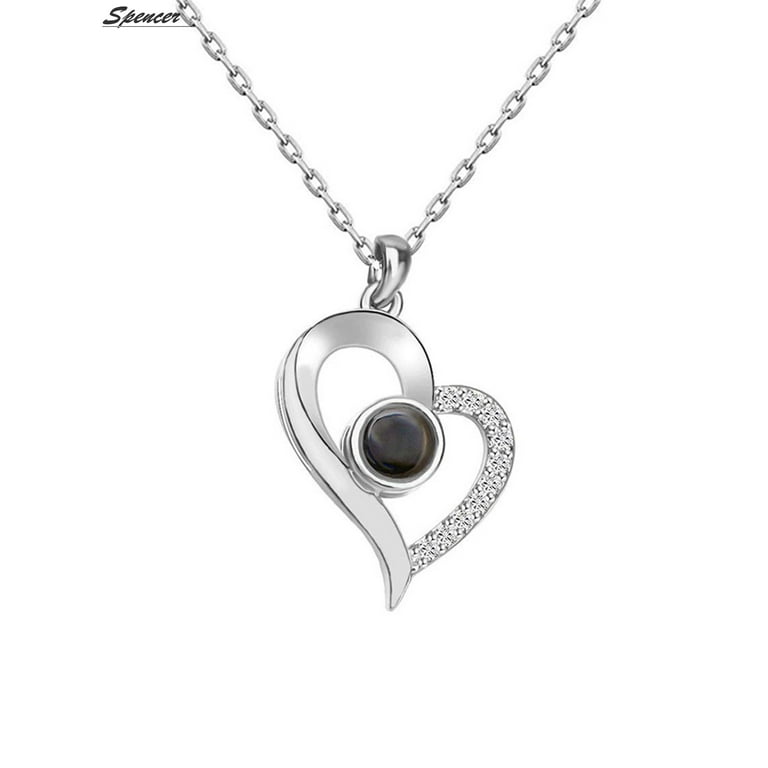 Spencer Women s Projection Pendant Necklace The Memory of Love Necklace 100 languages of I LOVE YOU for Mum Lover Gifts 2 Heart silver