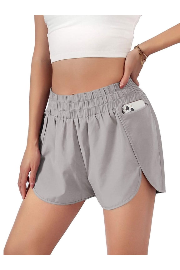 Women's Running Shorts Sports Layer Elastic Waist Workout Shorts Athletic Shorts Quick Dry with Zipper Pocket (Gray, XL)