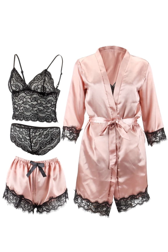 Women's Satin Pajama Set 4pcs Floral Lace Trim Cami Lingerie Sleepwear Sexy Nightwear, Cami Tops, Panty, Shorts and Robe, Pink