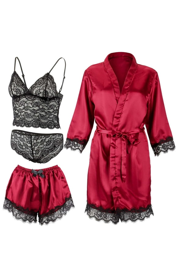 Women's Satin Pajama Set 4pcs Floral Lace Trim Cami Lingerie Sleepwear Sexy Nightwear, Cami Tops, Panty, Shorts and Robe, Red