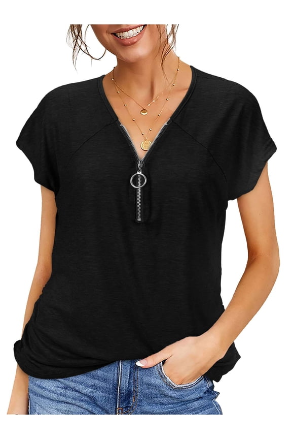 Women's Shirts Casual Deep V Neck Zipper Tops Short Sleeve Tunic Loose T-Shirts Summer Blouse(M,Black)