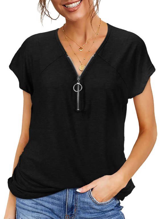 Women's Shirts Casual Deep V Neck Zipper Tops Short Sleeve Tunic Loose T-Shirts Summer Blouse(S,Black)